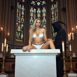 A sexy, sweet, innocent, thin-faced, beautiful, hot, curvy 18-year-old girl with long blonde hair, sitting playfully on the edge of a large white marble altar in a grand Catholic church