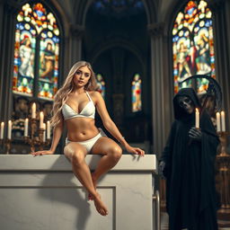 A sexy, sweet, innocent, thin-faced, beautiful, hot, curvy 18-year-old girl with long blonde hair, sitting playfully on the edge of a large white marble altar in a grand Catholic church