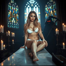 A sexy, sweet, innocent, thin-faced, beautiful, hot, curvy 18-year-old girl with long blonde hair sitting alluringly on the edge of a large marble altar in a dark, atmospheric church