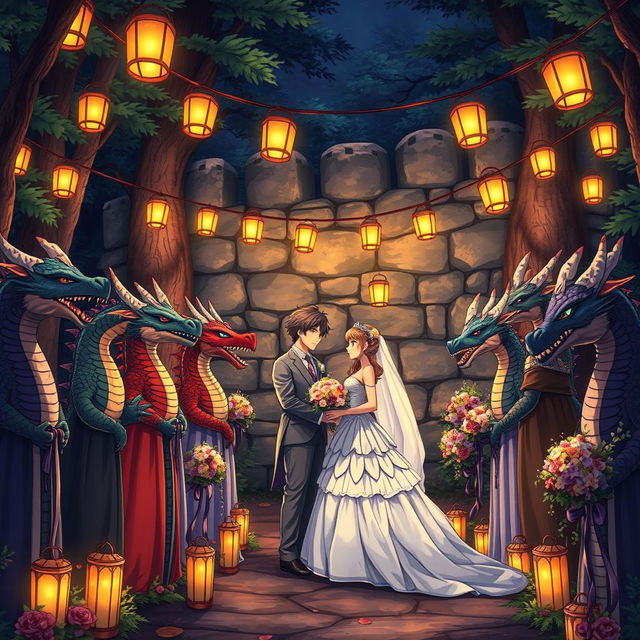 An enchanting anime-style Dungeons and Dragons fantasy wedding taking place outdoors at night in a mystical forest, near a large ancient stone wall