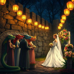 An enchanting anime-style Dungeons and Dragons fantasy wedding taking place outdoors at night in a mystical forest, near a large ancient stone wall