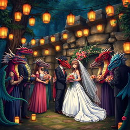 An enchanting anime-style Dungeons and Dragons fantasy wedding taking place outdoors at night in a mystical forest, near a large ancient stone wall