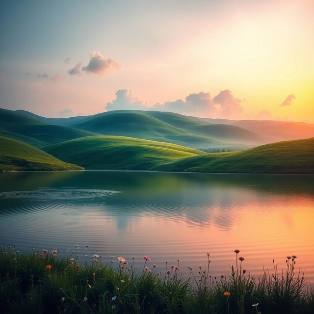 A smooth, enchanting landscape with rolling hills covered in lush green grass, gently illuminated by a serene sunset