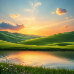 A smooth, enchanting landscape with rolling hills covered in lush green grass, gently illuminated by a serene sunset