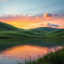 A smooth, enchanting landscape with rolling hills covered in lush green grass, gently illuminated by a serene sunset