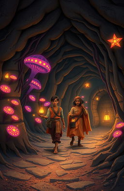 An enchanting and whimsical scene set in a magical world inside a network of tunnels resembling a mouse’s burrow