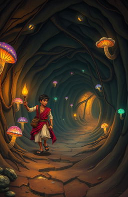 An enchanting and whimsical scene set in a magical world inside a network of tunnels resembling a mouse’s burrow