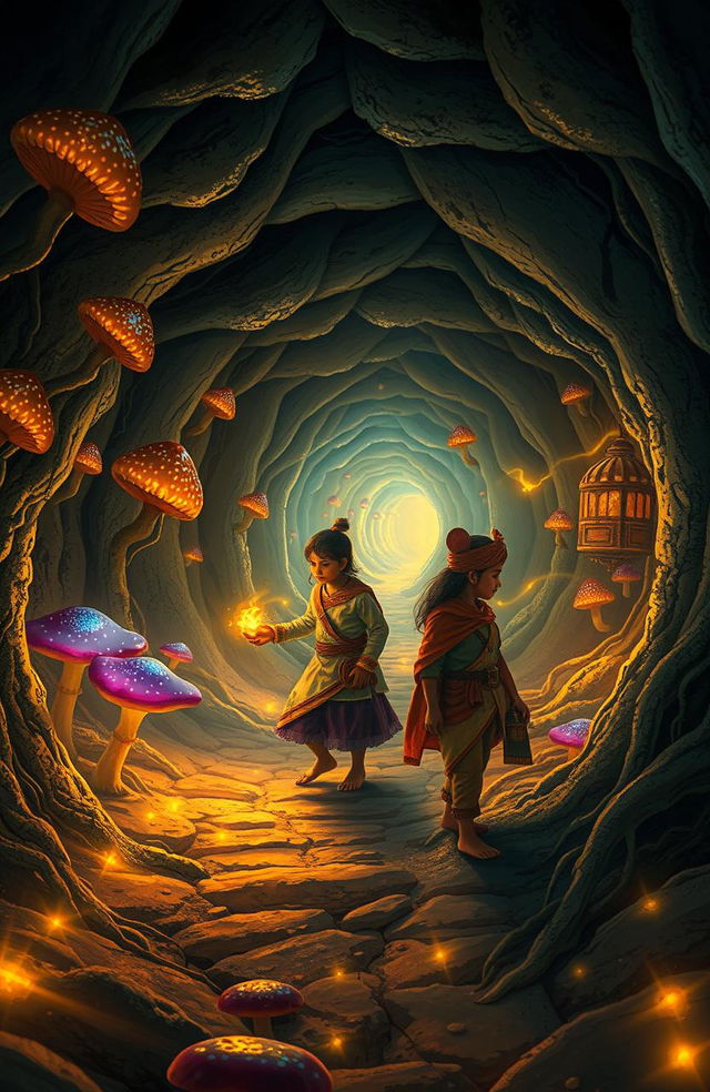 An enchanting and whimsical scene set in a magical world inside a network of tunnels resembling a mouse’s burrow