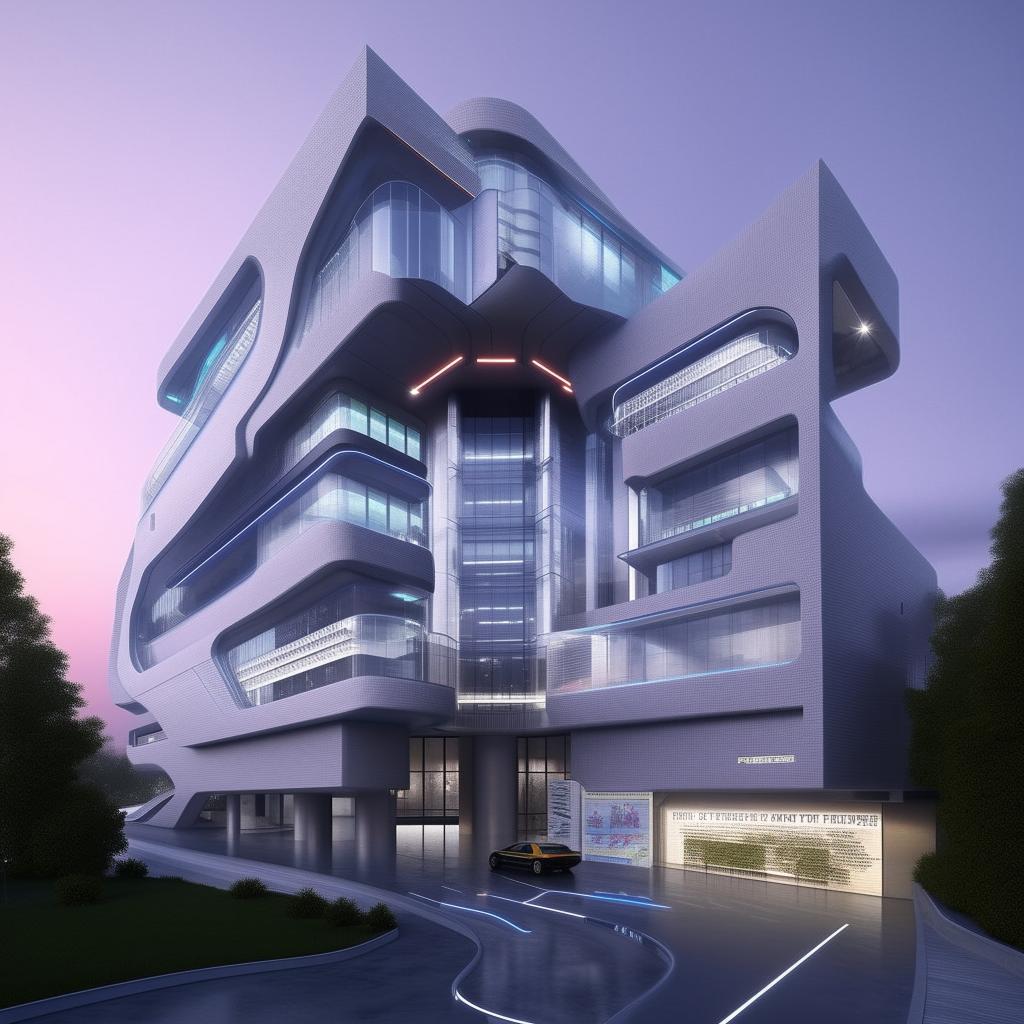 driveway and entrance of futuristic high-rise Police headquarters in broad daylight based on https://files.dreamhome.software/files/static/36926