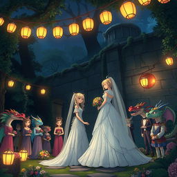An enchanting anime-style Dungeons and Dragons fantasy wedding set outdoors at night in a mystical forest, near a large ancient stone wall