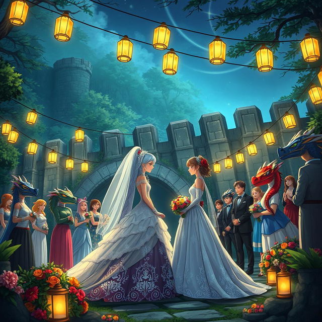 An enchanting anime-style Dungeons and Dragons fantasy wedding set outdoors at night in a mystical forest, near a large ancient stone wall