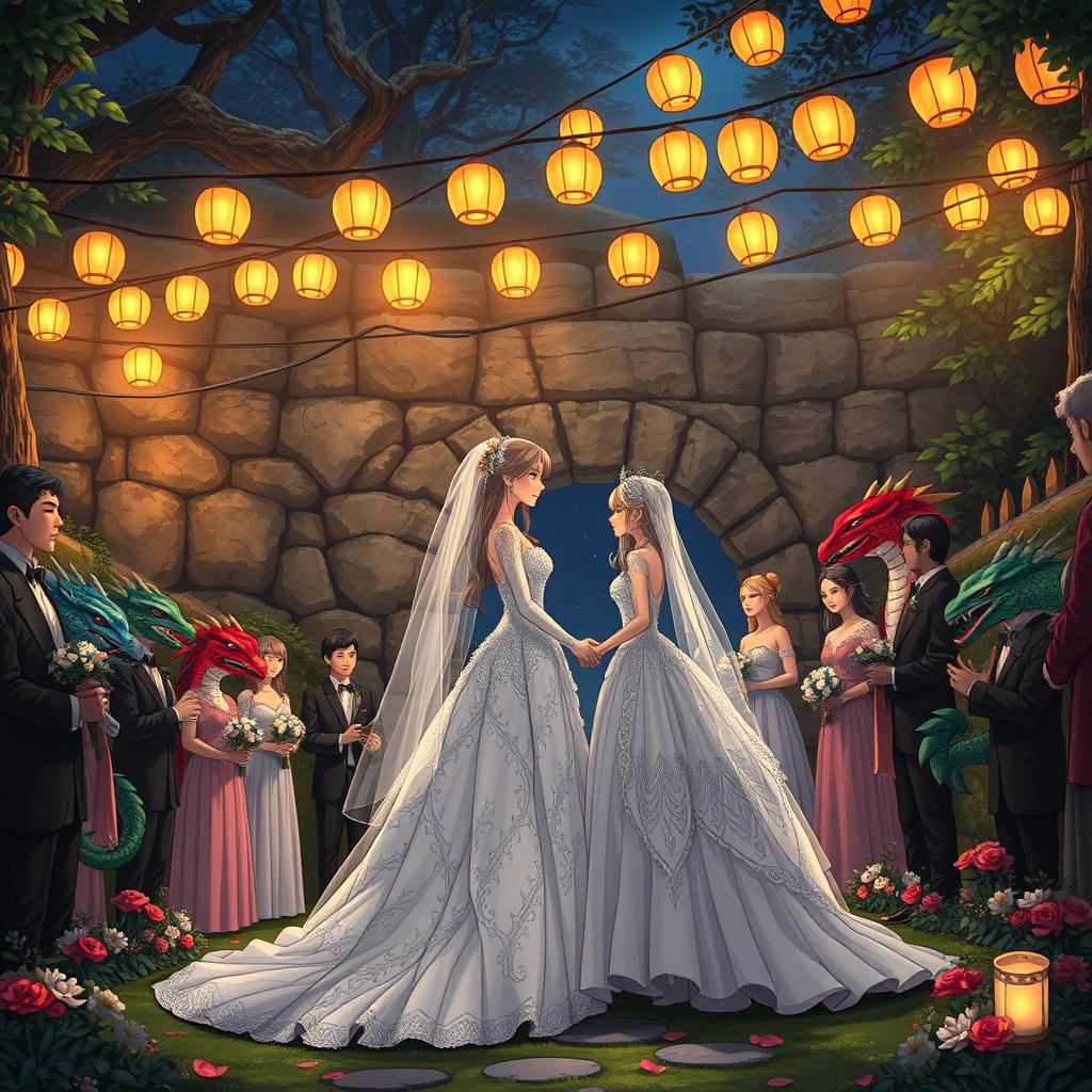 An enchanting anime-style Dungeons and Dragons fantasy wedding set outdoors at night in a mystical forest, near a large ancient stone wall