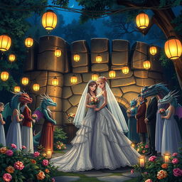 An enchanting anime-style Dungeons and Dragons fantasy wedding set outdoors at night in a mystical forest, near a large ancient stone wall