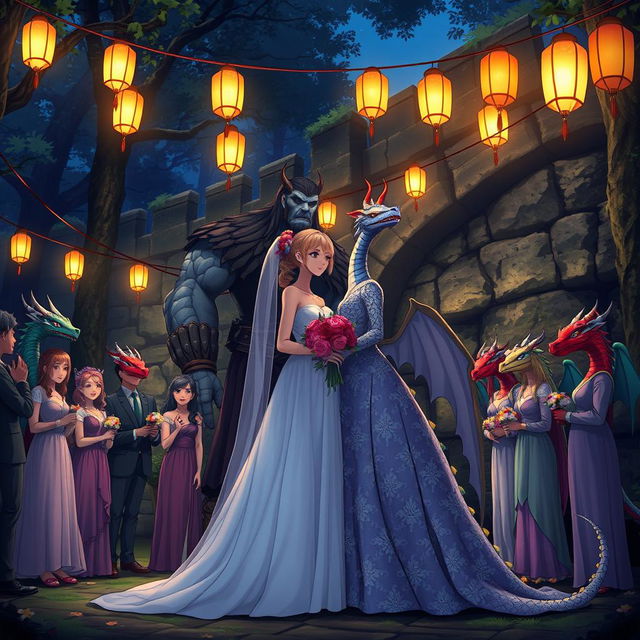 An enchanting anime-style Dungeons and Dragons fantasy wedding set outdoors in a mystical forest at night, near a large ancient stone wall