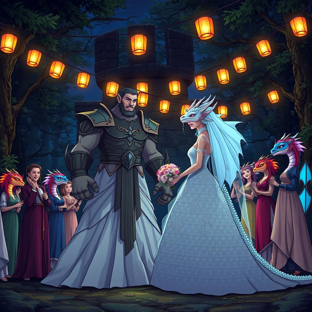 An enchanting anime-style Dungeons and Dragons fantasy wedding set outdoors in a mystical forest at night, near a large ancient stone wall