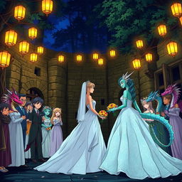 An enchanting anime-style Dungeons and Dragons fantasy wedding set outdoors in a mystical forest at night, near a large ancient stone wall