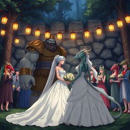 An enchanting anime-style Dungeons and Dragons fantasy wedding set outdoors in a mystical forest at night, near a large ancient stone wall