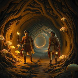 An enchanting and whimsical scene set in a magical world inside a network of tunnels resembling a mouse’s burrow