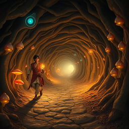 An enchanting and whimsical scene set in a magical world inside a network of tunnels resembling a mouse’s burrow