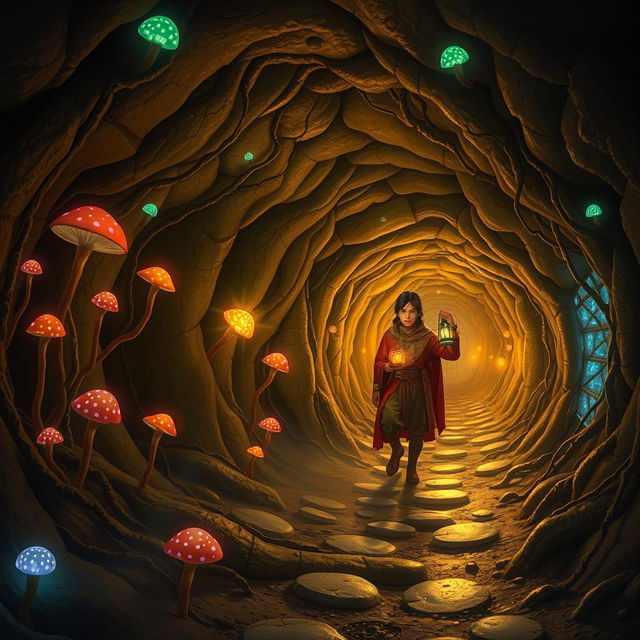 An enchanting and whimsical scene set in a magical world inside a network of tunnels resembling a mouse’s burrow