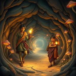 An enchanting and whimsical scene set in a magical world inside a network of tunnels resembling a mouse’s burrow