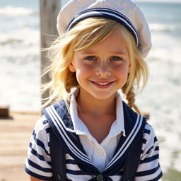 A whimsical and charming portrait of a 13-year-old girl with blonde hair, dressed in a vintage sailor outfit, complete with a sailor hat and a crisp shirt
