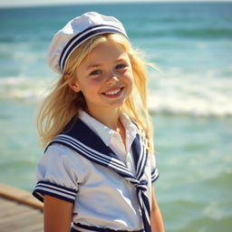 A whimsical and charming portrait of a 13-year-old girl with blonde hair, dressed in a vintage sailor outfit, complete with a sailor hat and a crisp shirt