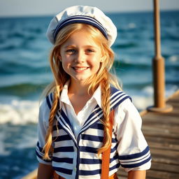 A whimsical and charming portrait of a 13-year-old girl with blonde hair, dressed in a vintage sailor outfit, complete with a sailor hat and a crisp shirt