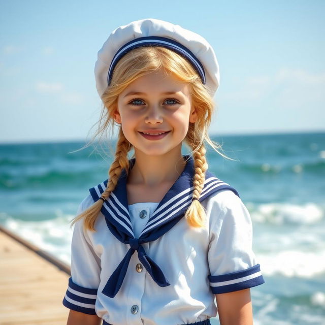 A whimsical and charming portrait of a 13-year-old girl with blonde hair, dressed in a vintage sailor outfit, complete with a sailor hat and a crisp shirt