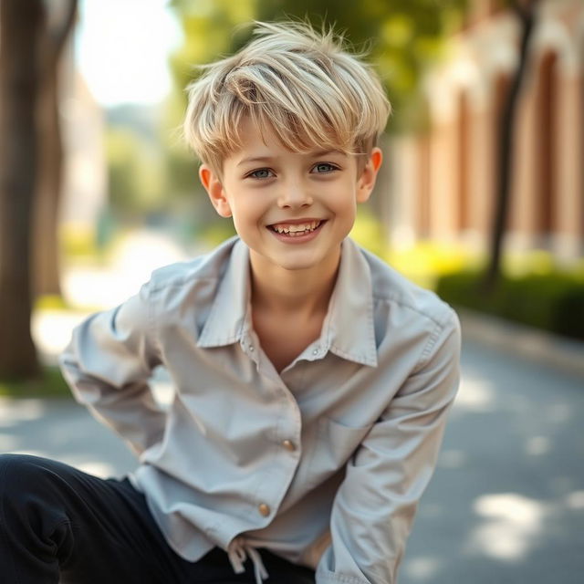 A charming portrait of a 13-year-old girl with blonde hair, styled in a playful short haircut, dressed in a stylish outfit that embodies a boyish charm