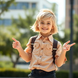 A charming portrait of a 13-year-old girl with blonde hair, styled in a playful short haircut, dressed in a stylish outfit that embodies a boyish charm