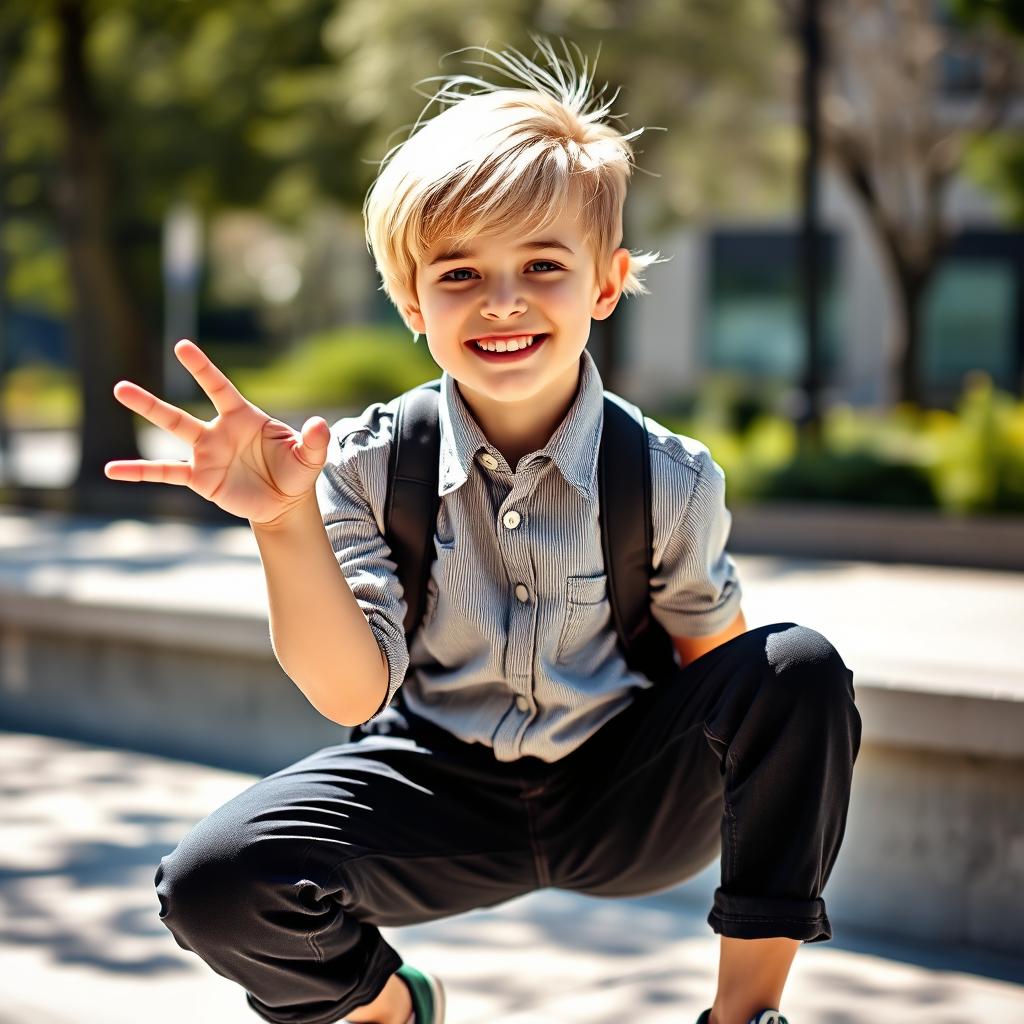 A charming portrait of a 13-year-old girl with blonde hair, styled in a playful short haircut, dressed in a stylish outfit that embodies a boyish charm