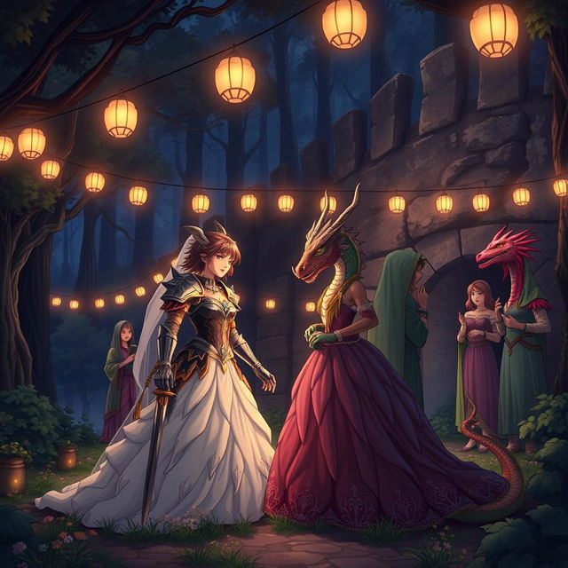 In a distant grove within a mystical forest at night, an enchanting anime-style Dungeons and Dragons fantasy wedding unfolds near a large ancient stone wall