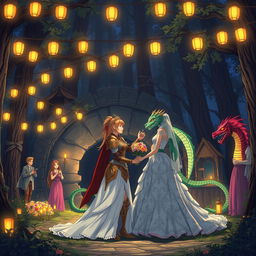 In a distant grove within a mystical forest at night, an enchanting anime-style Dungeons and Dragons fantasy wedding unfolds near a large ancient stone wall