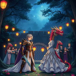 In a distant grove within a mystical forest at night, an enchanting anime-style Dungeons and Dragons fantasy wedding unfolds near a large ancient stone wall