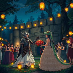 In a distant grove within a mystical forest at night, an enchanting anime-style Dungeons and Dragons fantasy wedding unfolds near a large ancient stone wall