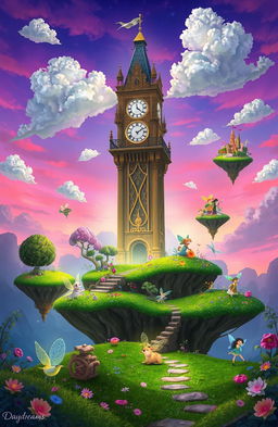 A fantasy landscape titled 'Daydreams', featuring a whimsical scene set in a twilight atmosphere