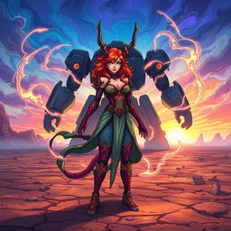 In an anime-style illustration, a powerful Dragon-born sorcerer stands confidently in the desolate wasteland, channeling wild magic from various realms