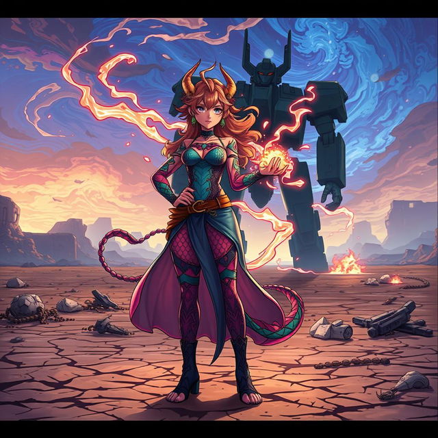 In an anime-style illustration, a powerful Dragon-born sorcerer stands confidently in the desolate wasteland, channeling wild magic from various realms