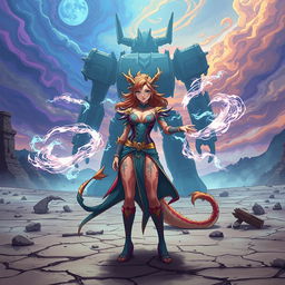 In an anime-style illustration, a powerful Dragon-born sorcerer stands confidently in the desolate wasteland, channeling wild magic from various realms