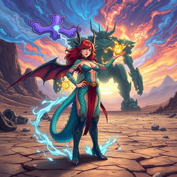 In an anime-style illustration, a powerful Dragon-born sorcerer stands confidently in the desolate wasteland, channeling wild magic from various realms