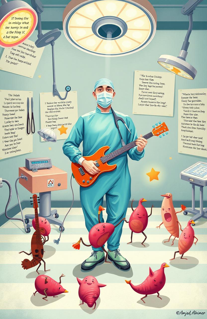 A captivating artistic illustration inspired by the theme of 'Surgery in Rhyme' by Amjad Alnimer