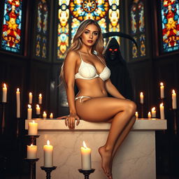 A sexy, sweet, innocent, thin-faced, beautiful, hot, curvy 18-year-old girl with long blonde hair, exhibiting very wide chubby hips and large round thighs, sitting gracefully on the edge of a large marble altar