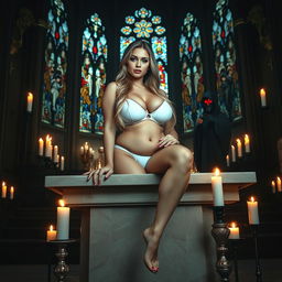 A sexy, sweet, innocent, thin-faced, beautiful, hot, curvy 18-year-old girl with long blonde hair, exhibiting very wide chubby hips and large round thighs, sitting gracefully on the edge of a large marble altar