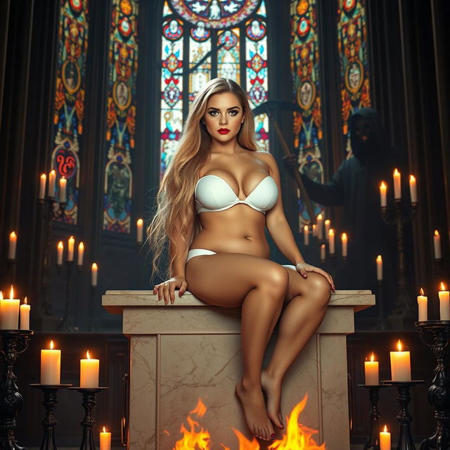 A sexy, sweet, innocent, thin-faced, beautiful, hot, curvy 18-year-old girl with very wide chubby hips and large round thighs, her long blonde hair cascading beautifully