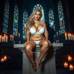 A sexy, sweet, innocent, thin-faced, beautiful, hot, curvy 18-year-old girl with very wide chubby hips and large round thighs, her long blonde hair cascading beautifully