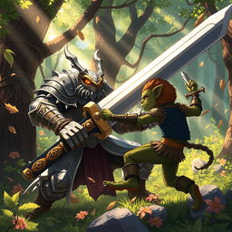 In an intense anime-style scene, a fierce Gith warrior, clad in intricate armor and wielding a massive greatsword, is depicted mid-battle against a cunning kobold rogue in a vibrant forest setting