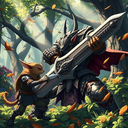 In an intense anime-style scene, a fierce Gith warrior, clad in intricate armor and wielding a massive greatsword, is depicted mid-battle against a cunning kobold rogue in a vibrant forest setting