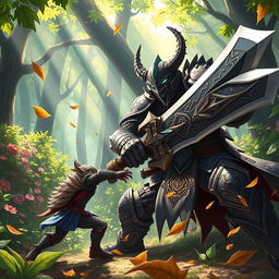 In an intense anime-style scene, a fierce Gith warrior, clad in intricate armor and wielding a massive greatsword, is depicted mid-battle against a cunning kobold rogue in a vibrant forest setting