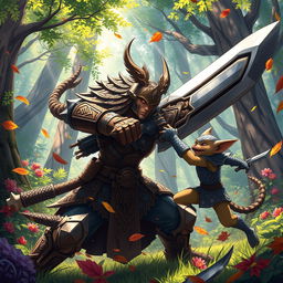 In an intense anime-style scene, a fierce Gith warrior, clad in intricate armor and wielding a massive greatsword, is depicted mid-battle against a cunning kobold rogue in a vibrant forest setting